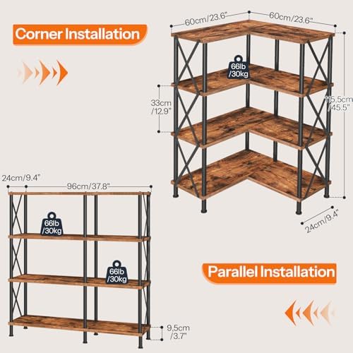 HOOBRO Corner Bookshelf, 4-Tier L-Shaped Bookcase, Industrial Open Display Shelf Tall Storage Organizer, Vertical Storage Rack, for Living Room, Home Office, Rustic Brown and Black BF59SJ01 - Image 2