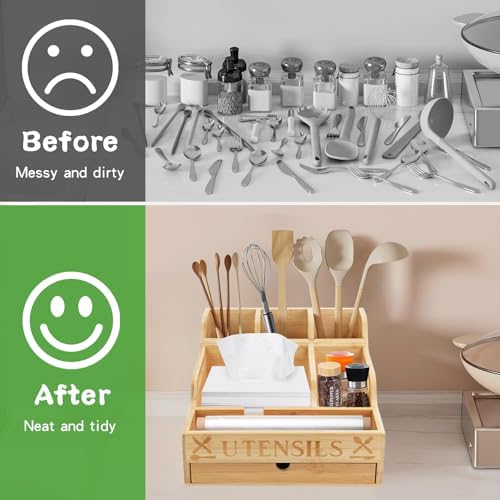Kitchen Utensil Holder with Drawer, Farmhouse Spatula Organizer for Countertop,Large Capacity Flatware Spoon Forks Knives Cooking Tool Cutlery Holder for Party Picnic BBQ with 11 Compartments (Wood) - Image 5