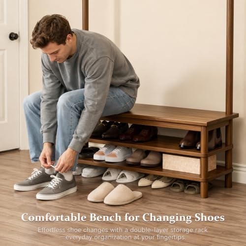Solid Wood Hall Tree with Bench, Shoe Rack & 11 Hooks 42.9'' - Image 6