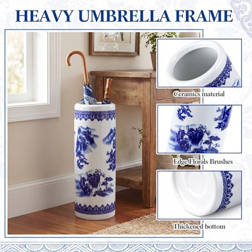 Sawysine Blue and White Ceramic Umbrella Stand, Floral Design Floor Vase for Entryway Indoor Decorative, 19.7" Heavy Porcelain Holder for Umbrellas Canes Home Decor(19.7 Inch,Landscape) - Image 3