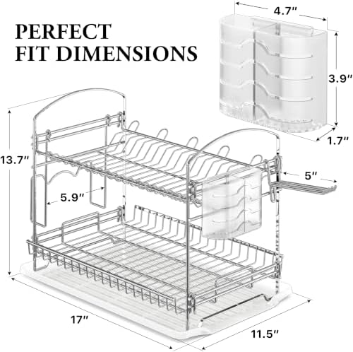Simple Houseware 2-Tier Stainless Steel Dish Rack with Drainboard, Chrome - Image 2