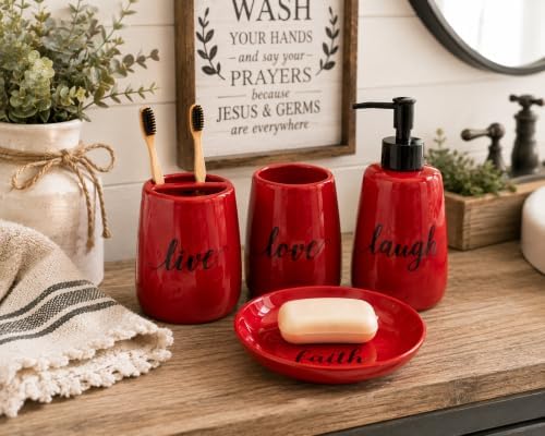 Red Ceramic Bathroom Accessories Set, 4 Piece Farmhouse Bathroom Decor, Soap Dispenser, Toothbrush Holder, Tumbler & Soap Dish, Live Love Laugh Faith Bathroom Countertop Set - Image 3