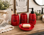 Red Ceramic Bathroom Accessories Set, 4 Piece Farmhouse Bathroom Decor, Soap Dispenser, Toothbrush Holder, Tumbler & Soap Dish, Live Love Laugh Faith Bathroom Countertop Set - Image 3