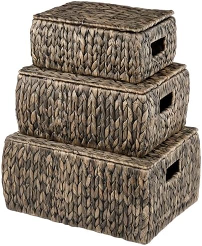 Set of 3 Black Wicker Baskets with Lid - Black Baskets for Organizing, Storage by 84ECO