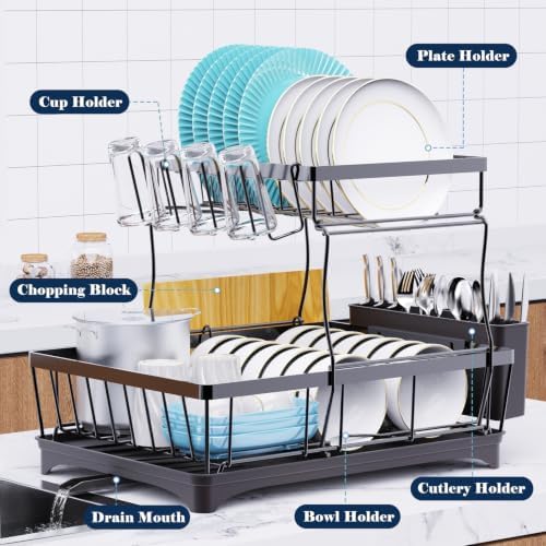 Large Dish Drying Rack for Kitchen Counter, Detachable Large Capacity Dish Drainer Organizer, 2-Tier Dish Racks with Utensil Holder, Black - Image 3