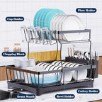 Large Dish Drying Rack for Kitchen Counter, Detachable Large Capacity Dish Drainer Organizer, 2-Tier Dish Racks with Utensil Holder, Black - Image 3
