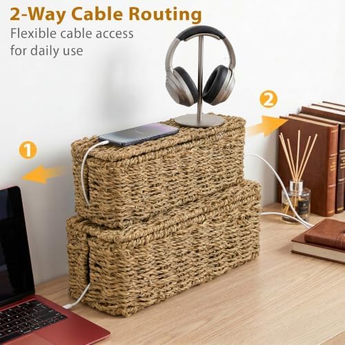 2 Pack Handwoven Cable Management Box with Lid, Decorative Cord Organizer for Power Strips, Chargers, TV Wires, Desk, Home & Office Storage, Natural Sea Grass - Image 5