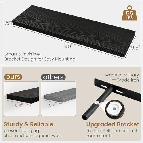 Fun Memories 40" W x 9.3" D Black Floating Shelves for Wall, Deep Long Floating Shelf for Home Bathroom, Bedroom, Living Room, Rustic Wood Wall Mounted Shelves for Books Decor - Image 3