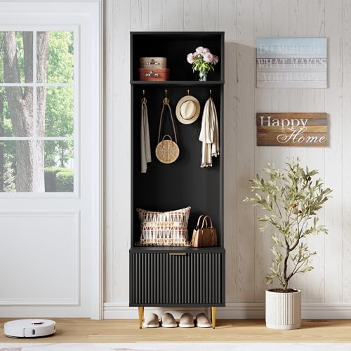 GarveeHome 74" Hall Tree with Bench and Storage, Coat Rack with Shoe Bench, Entryway Coat Rack, Hall Tree with 4 Gold Hooks & Metal Legs for Entryway, Living Room, Black - Image 7
