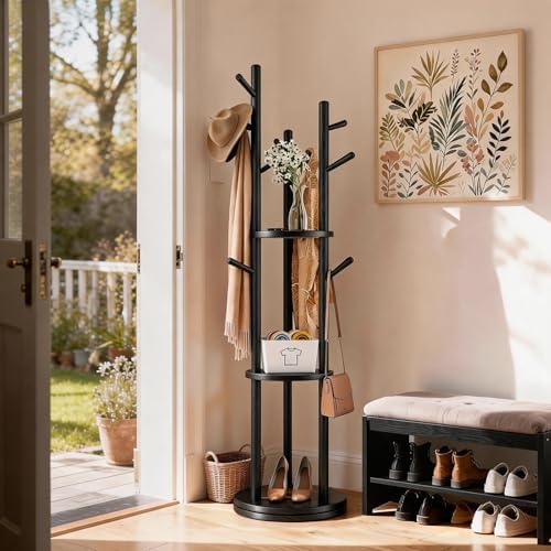 Solid Wood Rotary Coat Rack, Coat Rack Freestanding with 3 Storage Shelves & 9 hooks, Coat Tree for Entryway, Livingroom, Bedroom, Coat Hanger Stand for Coats, Scarves, Handbags, Hat (Black) - Image 5
