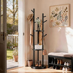 Solid Wood Rotary Coat Rack, Coat Rack Freestanding with 3 Storage Shelves & 9 hooks, Coat Tree for Entryway, Livingroom, Bedroom, Coat Hanger Stand for Coats, Scarves, Handbags, Hat (Black) - Image 5