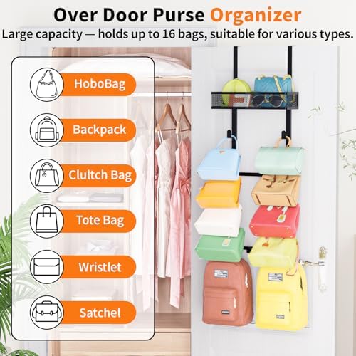 Kaiferty Over The Door Purse Organizer for Closet, Over the Door Hooks Wall Mounted Handbag Rack with 12 Hooks & Metal Basket, Holds up to 12 Bags, Use as 1 or 2 Pieces, for Door, Closet Black - Image 4