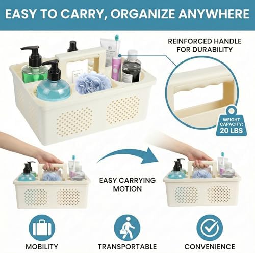 KMV Dorm Room Portable Shower Caddy with Adjustable Compartments - Ventilated Drainage Design with Handles, Perfect Toiletries Organizer for College Dorms-beige - Image 3