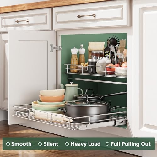 LOVMOR 2 Tier Individual Pull Out Cabinet Organizer 27" W x 21½" D, Slide Out Kitchen Cabinet Storage Sliding Shelves - Image 5