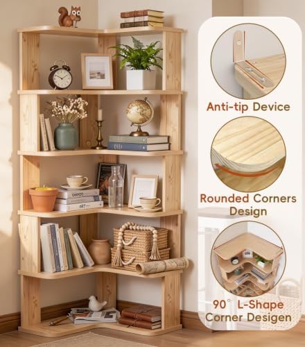 5-Tier Corner Bookshelf with Storage, Solid Wood L-Shaped Corner Shelf - Image 3