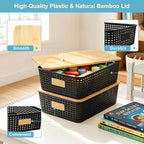 Bagnizer 4 Pack Plastic Storage Bins with Bamboo Lids, 6.2qt Stackable Storage Organizer Box with Lable for Pantry Shelves Drawers Desktop Office, 12"L x 8.3"W x 3.5"H, Black - Image 2