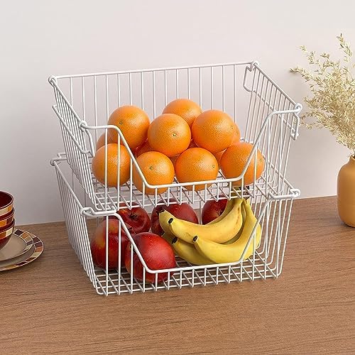 Stackable Wire Metal Baskets Cabinet Organizer Sturdy Metal Wire Pantry Freezer Bin with Handle for Kitchen Fruit Vegetable Organization, White, 3Packs - Image 2