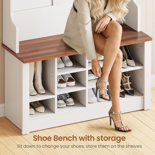 Itaar Hall Tree with Bench and Shoe Storage, 3-in-1 Entryway Bench with Coat Rack, Hall Tree with Adjustable Shoe Storage and Hanging Hooks, White and Brown (White and Brown) - Image 6