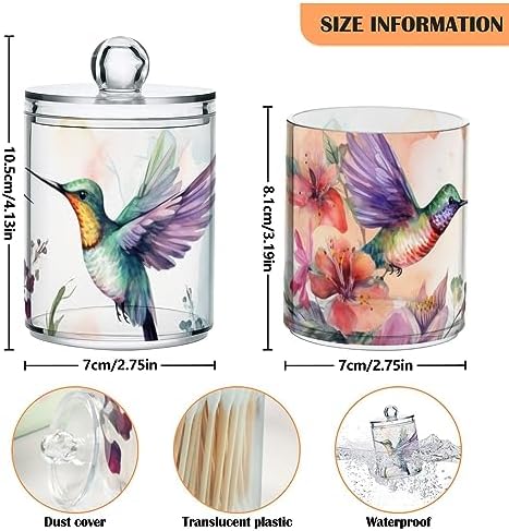 Vnurnrn Qtip Cotton Ball Holder Dispenser with Lid Watercolor Hummingbirds Print, Plastic Jars Bathroom Canisters Storage Organizer 4 Pack - Image 3