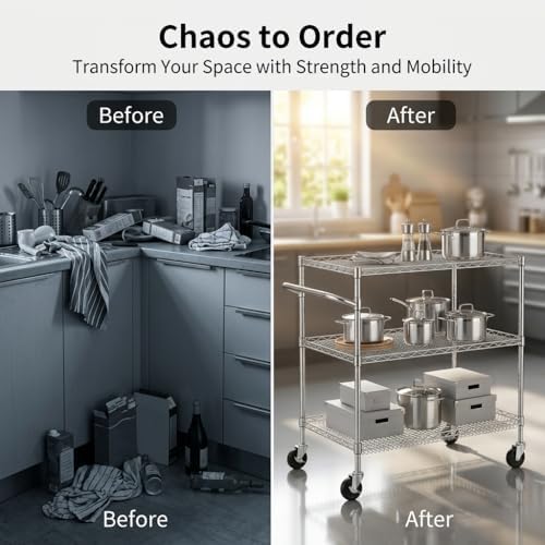 Finnhomy 3 Tier Heavy Duty Commercial Grade Utility Cart, Wire Rolling Cart with Pushing Handle Bar, Steel Metal Kitchen Service Trolly with Wheels, Shelf Size 18" D x 36" W, NSF, Chrome - Image 5