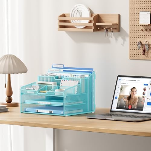 Lavatino Desk Paper File Organizer - Metal Mesh with 2 Letter Trays, 7 Flexible Dividers, 2 Vertical File Folder Holders for Office/Home/Classroom Supplies, Desk Organizers and Accessories, Blue - Image 6