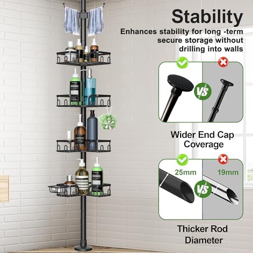 Corner Shower Caddy Tension Pole 4 Tier Adjustable Stainless Steel Shower Shelf for Inside Shower Bathtub Shampoo,Standing Bathroom Organizer Shelves with 26 to 120 inch Height - Image 4