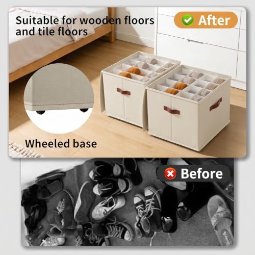 2 Pack Shoe storage Organizer with wheels,No Assemble Required Shoe boxes with premium waterproof material,Adjustable Dividers Fits 32 Pairs,shoe Storage Bins with Reinforced Handle (beige, 32 pairs) - Image 3