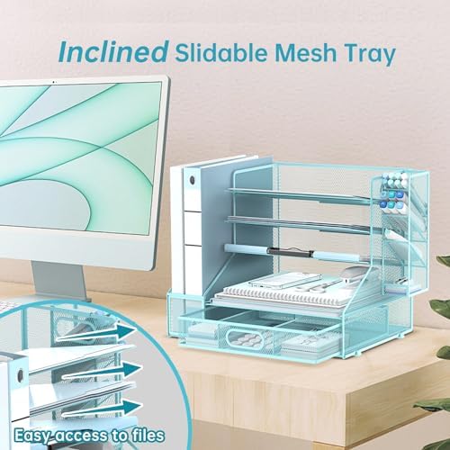 Desk Organizer with 5 Tier File Holder and Sliding Drawer Pen Holder Black - Image 4