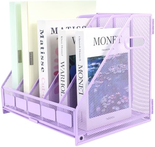 Desk Organizers Metal Magazine File Holder Racks Desktop Folder Storage Binder Organiser Document Organization for Home Office & Classroom,5 Vertical Compartments-Purple by TSDRBWO