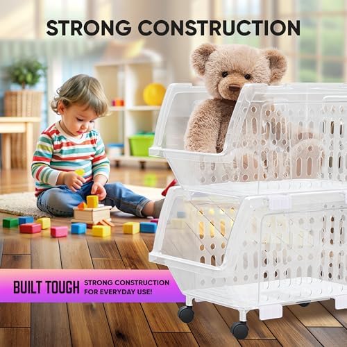 Small Stackable Storage Bins Open Front with Wheels, 4 Pack - Clear - Image 3