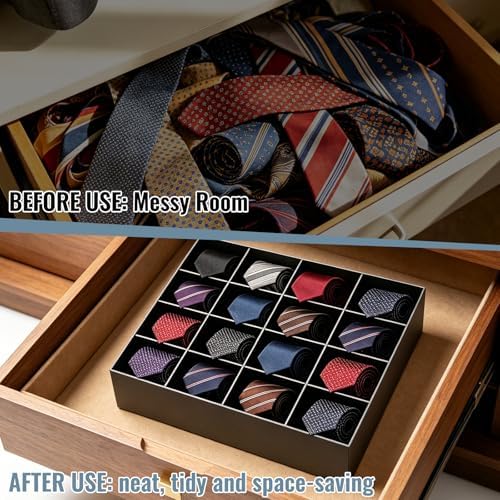 2 Pack Tie Box Organizer Wall Mounted Black Acrylic with 16 Compartments, Tie Organizer for Drawer, Tie Holder for Men Belt Scarf Necktie Storage for Closet and Home - Image 5