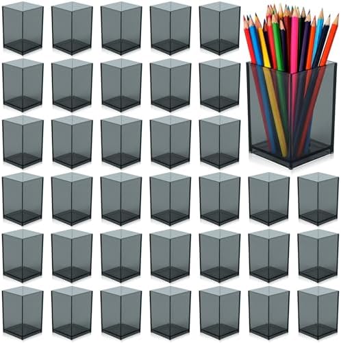 Sabary 36 Pack Acrylic Pencil Pen Holder Cup, 2.6 x 2.6 x 4 Square Storage Organizer for Pens, Colored Pencils Paintbrushes and Makeup Brush for Desk Drawers School Office Home Supplies(Black) by Sabary