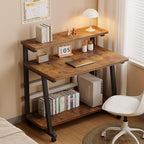 Rolling Computer Desk, 31.5 Inch Small Desks For Small Space, Portable Small Computer Desk with Monitor Stand & 3-Tier Storage, Portable Desk on Wheels for Writing, Home Office, Small Desk for Bedroom - Image 2
