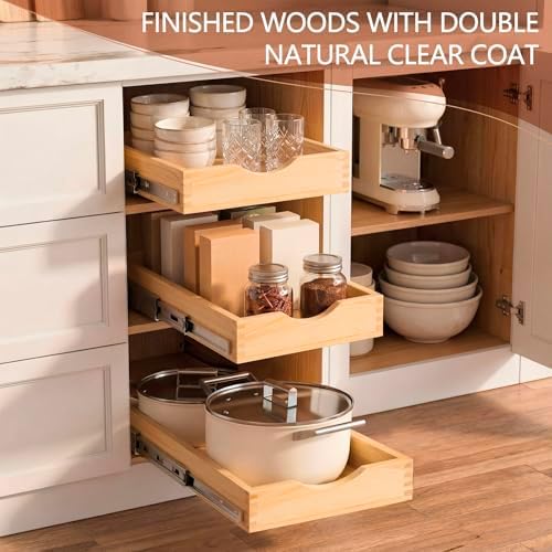 Menkxi 2 Set Wooden Pull out Cabinet Organizer Fully Assembled Slide out Pantry Drawer with Gentle Close Storage Shelf Tray for Base Kitchen Under Sink Bathroom (Wood Color,14'' X 21'' X 3'') - Image 4