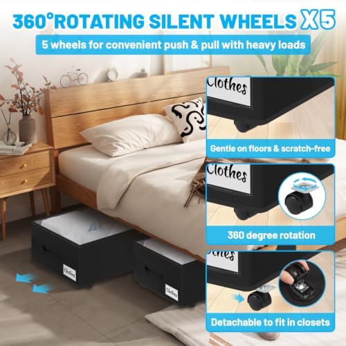 Under Bed Storage with Wheels, 4-Pack 10" Height XXL 75L Rolling Storage Bins, Quick Assembly Underbed Shoe Storage Containers with Clear Lid & Label, Dorm Under Bed Drawers for Clothes, Shoes, Black - Image 4
