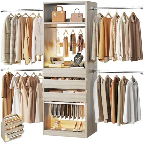 Closet System, 4-8 FT Closet Organizer with 3 Wood Drawers & Glass Top, Oak by HUAHUU