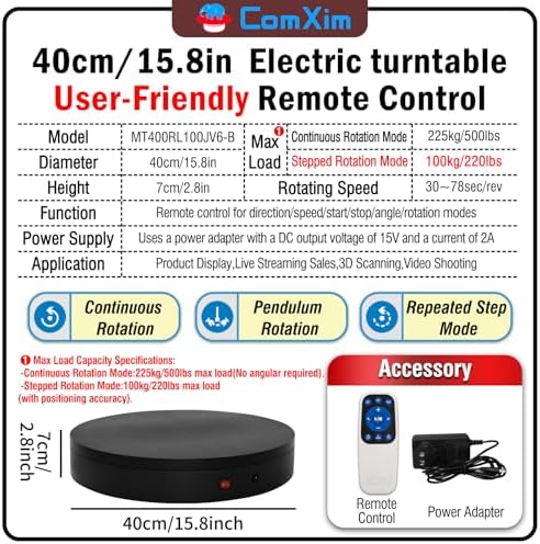 15.8In Remote Large Motorized electric turntable Rotating platform Photography Turntable Motorized lazy susan Base giratoria para for Photography,3D Scanner,Heavy duty display(Load Range:220~500lbs) - Image 2