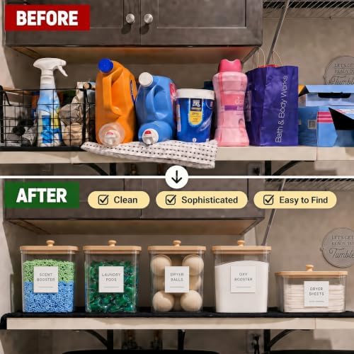 5 Pack Laundry Pods Container, Clear Laundry Room Organization Containers,Large Detergent Powder Storage, Black Wooden Lids & Labels and Scoops for Scent Booster, Powder, Pods - Image 3