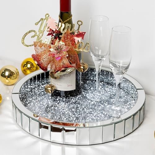 Silver Decorative Tray, Mirored Trays with Crushed Diamond Crystal Vanity Tray Round Super Gorgeous Trays Jewelry Organizer for Dresser, Coffee Table, Bedroom Ottoman 14”x14”x 2” by blingworld