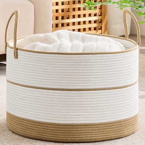KAKAMAY Large Blanket Basket with Handles, Storage Basket for Living Room by KAKAMAY
