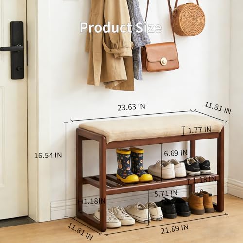 Small Upholstered Shoe Bench with Walnut Finish, Solid Wood & Memory Foam Cushion, No Assembly Needed, Narrow 2-Tier Mudroom Shoe Rack Bench for Entryway, Hallway, Front Door - Image 2