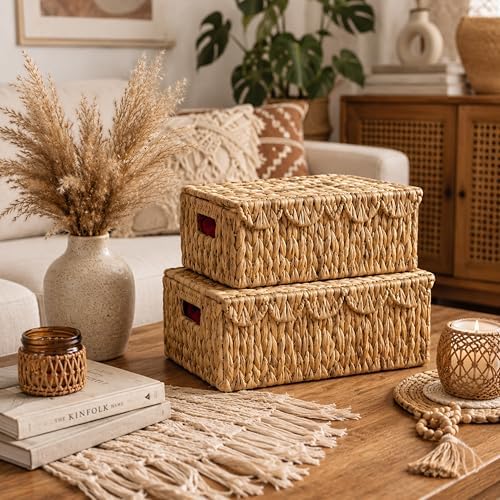 LUSYDECO Set of 2 Scalloped Edge Wicker Basket with Lids, Rectangle Wicker Storage Basket with Built-in Handles, Multipurpose Organizer Rattan Display Boxes for Shelf, Nursery Room - Image 7