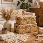 LUSYDECO Set of 2 Scalloped Edge Wicker Basket with Lids, Rectangle Wicker Storage Basket with Built-in Handles, Multipurpose Organizer Rattan Display Boxes for Shelf, Nursery Room - Image 7