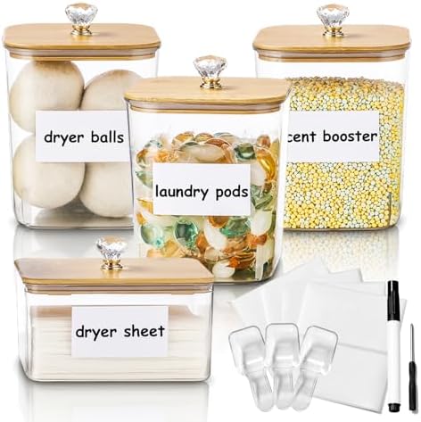 Large 4 Pack Laundry Pods Container & Laundry Powder Container, Plastic Laundry Room Organization and Storage Jars, Dryer Sheet Holder with Lid, Scoops, 16 Labels by Dounozzi