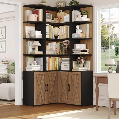 FINETONES 74" Tall Corner Bookshelf, Wooden Bookshelf with Doors - Image 3