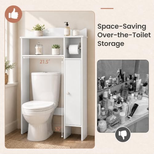 GIANTEX Over-The-Toilet Storage Cabinet, Bathroom Freestanding Space Saver with 1-Door Side Storage Cabinet & Paper Holder, Toilet Rack Organizer Stand for Bathroom Laundry (White) - Image 5