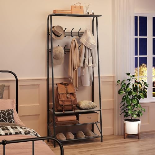 OUTLANE Entryway Hall Tree with 10 Hooks, Shoe Bench & Storage Shelf, Coat Rack Organizer with Wood Accents and Metal Frame for Entryway, Living Room, Bedroom, Gray-Double row - Image 3