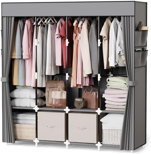 Mavivegue Portable Closet Wardrobe, Clothes Organizer with 4 Hanging Rods, Non-Woven Fabric Cover, Large Capacity Storage for Bedroom and Living Room,Gray by Mavivegue