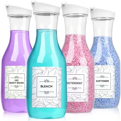 VZZNN 4 Pack Laundry Bottles 53oz Plastic Liquid Detergent Dispenser with 20 Label Laundry Room Organization for Liquid Powder Bleach Scent Booster Beads Soap Fabric Softener by VZZNN