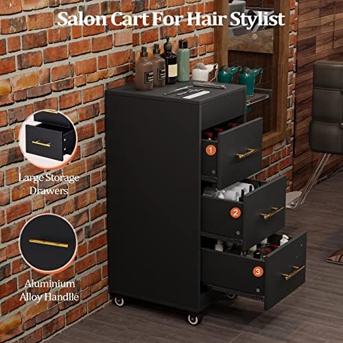 Salon Trolley Cart with Wheels, 3-Drawer Rolling Hair Styling Station, Mobile Beauty Trolley with Hot Tools Holder, Storage for Salon, Barbershop, Spa & Tattoo, Black - Image 2